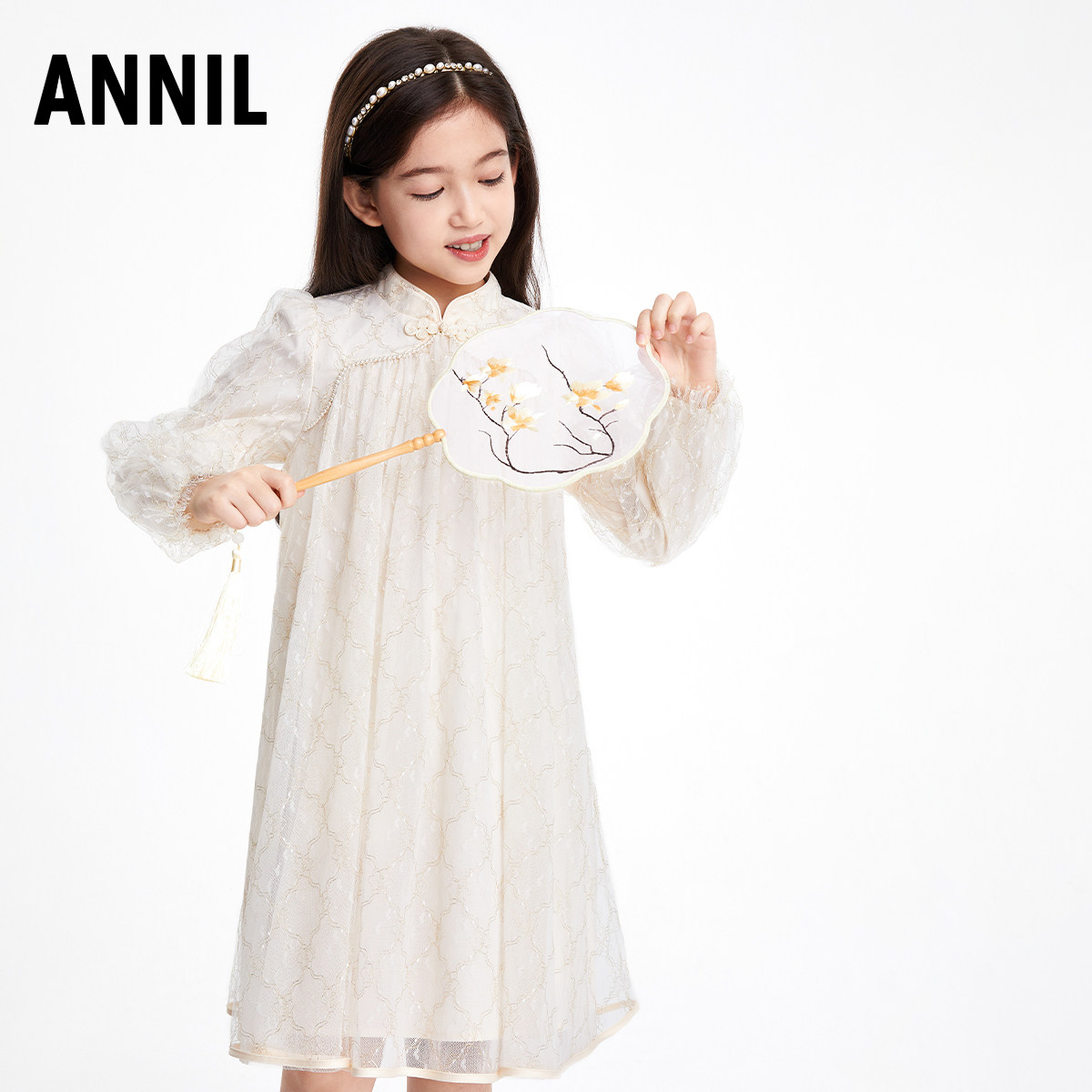 安奈儿女大童汉服唐装长袖连衣裙春秋季款网纱国风立领红色礼服,淘宝优惠券,粉丝福利购,淘宝优惠卷