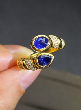 天然皇家蓝蓝宝石戒指双石戒指上开口设计椭4*5mm重量0.90克拉