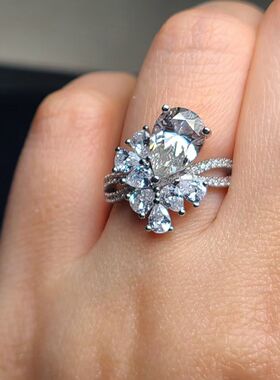 3克拉异形莫桑钻戒指水滴7×10毫米925银子镀白金活口设计