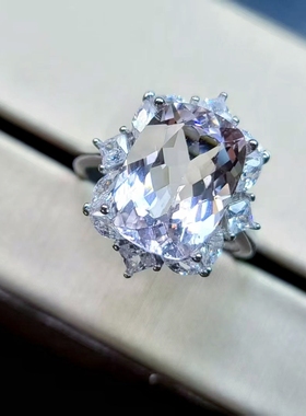 天然摩根石戒指长方形重量4.03克拉尺寸9*12.5mm实物布灵布灵闪