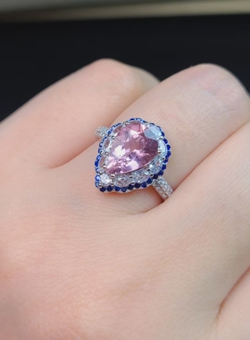 天然摩根石戒指樱花粉色水滴形状精工豪华闪亮通透双圈配石