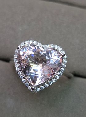 天然心形摩根石戒指重量4克拉直径11.4mm全净体实物爆闪925银镶