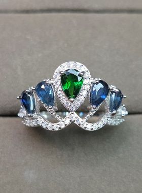 天然沙弗莱蓝宝石排戒皇冠款绿色宝石沙弗莱4*6mm蓝宝石4颗孤品