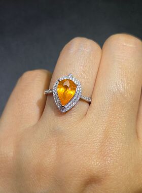 天然芬达石戒指水滴形状芬达石橘子颜色重量2.25克拉6.7*10.1mm
