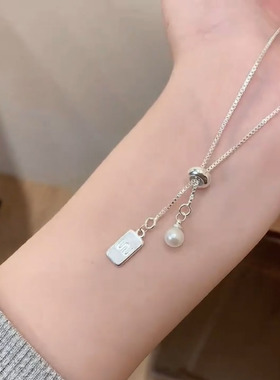 珍珠银色方牌抽拉项链choker两戴