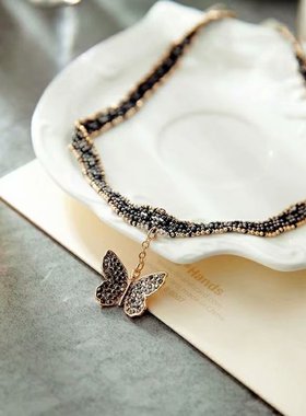 蝴蝶吊坠chocker短款锁骨链女时尚韩版黑色蕾丝项链颈链脖子饰品