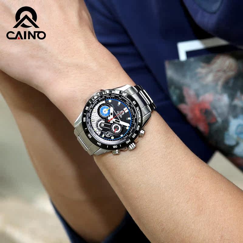 卡伊诺户外盘钢带防水多功能石英表 caino坤利达国产腕表