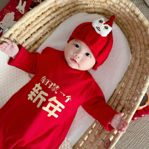 婴儿新年连体衣红色纯棉可爱哈衣宝宝春秋满月衣服过年拜年服喜庆 - 图0
