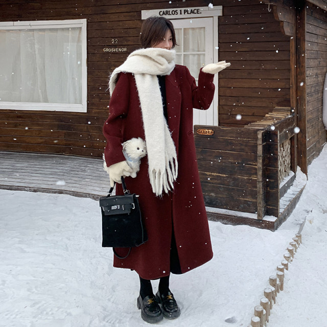 Ancora red suit-style waisted double-sided woolen cashmere coat for women 2024 winter new Korean style long woolen coat