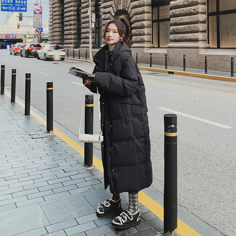 克莱因蓝羽绒棉服女长款过膝到脚踝加厚棉衣连帽保暖面包服棉袄冬