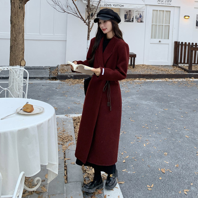 Ancora red suit-style waisted double-sided woolen cashmere coat for women 2024 winter new Korean style long woolen coat