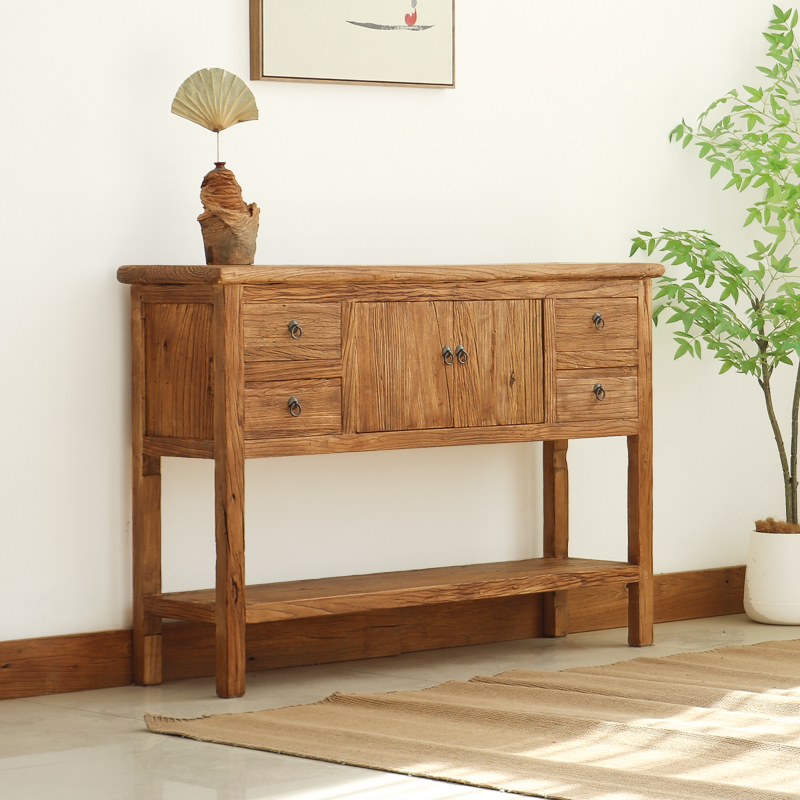 老榆木中式玄关柜实木老榆木门板入户隔断柜子门厅进户门靠墙玄关 - 图0