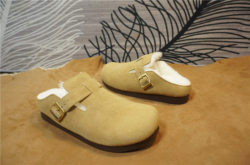 牛皮羊毛女士包头半拖鞋女冬季保暖平跟懒人一脚蹬博肯棉拖28-2C - 图2