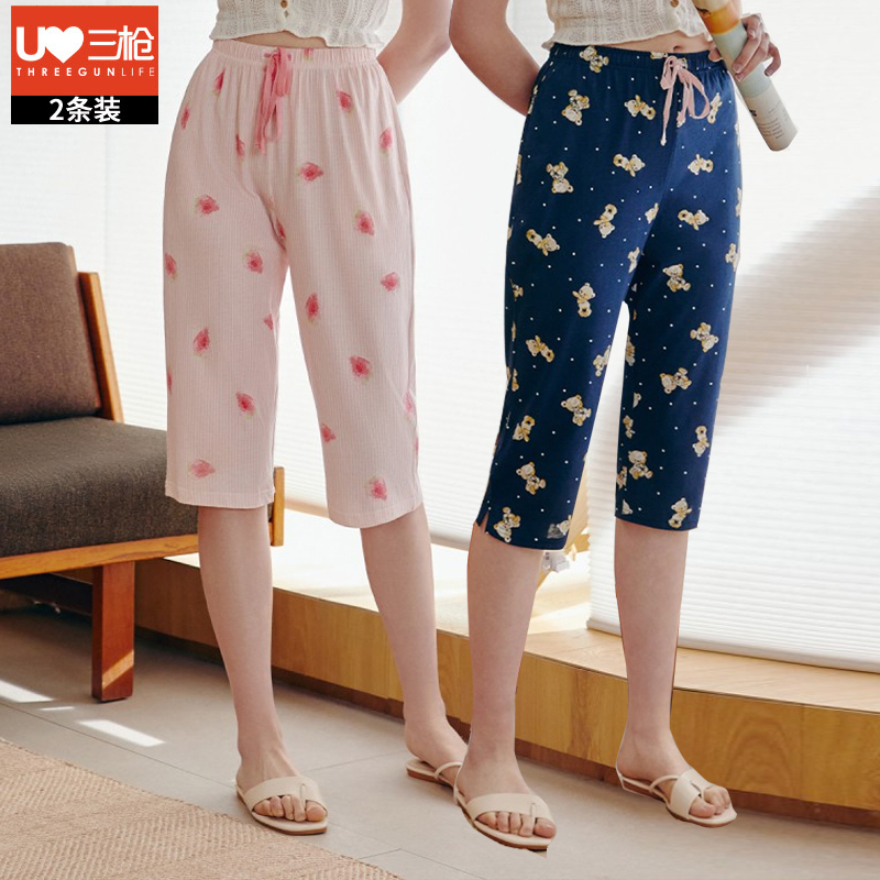 Three gun pajamas summer women's home pants pure cotton thin print Capris wear loose shorts women's pants