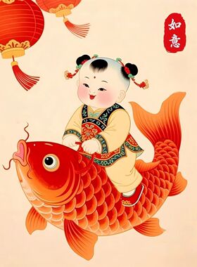 吉祥如意中式年画娃娃锦鲤福娃贴画客厅玄关装饰画自粘不干胶贴纸