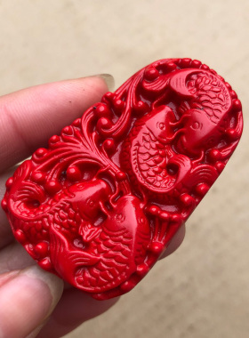 连年有余吊坠4条鱼天然朱砂红四季有余鱼玉挂件缺水补水龙门顺利