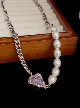 ins个性甜酷时尚高级感紫色锆石爱心珍珠项链 冷淡风气质锁骨链女