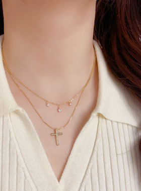 小众时尚简约双层镶钻水滴十字架项链个性轻奢独特设计感颈链批发