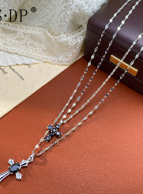 欧美跨境时尚简约双层黑色十字架项链女气质轻奢独特设计感锁骨链