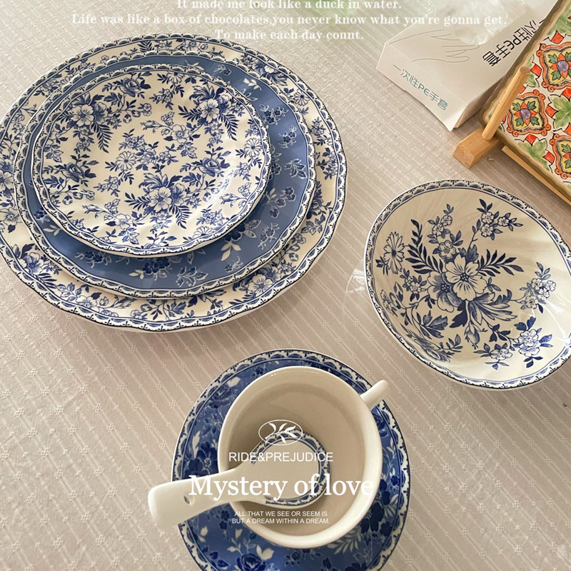 复古釉下彩盘子中西式陶瓷餐具套装复古青花蓝大碗盘碟杯勺子家用,淘宝优惠券,粉丝福利购,淘宝优惠卷