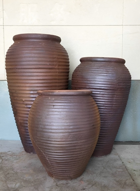 复古陶罐粗陶缸土陶落地组合景观餐厅庭院装饰摆件螺纹陶瓷插花瓶