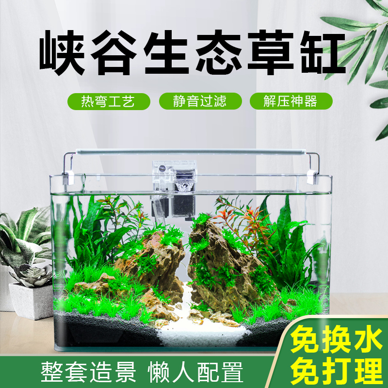 真水草鱼缸水族箱小型客厅办公室桌面家用生态草缸装饰布造景全套-图0