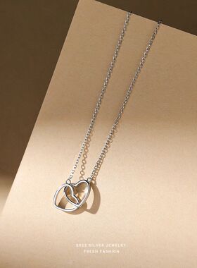 S925纯银双环爱心环扣项链女简约小众设计ins 可爱锁骨链一件代发