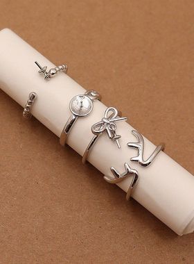 S925纯银蝴蝶结戒指小鹿食指戒空托粘珠戒可调节开口戒宽面指环