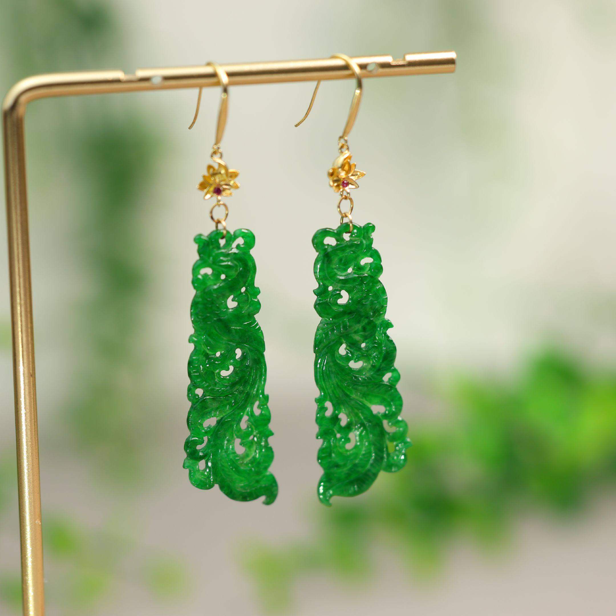 #D404 18K金镶嵌冰种辣绿缅甸天然A货翡翠镂空凤鸟耳坠古风耳饰,淘宝优惠券,粉丝福利购,淘宝优惠卷
