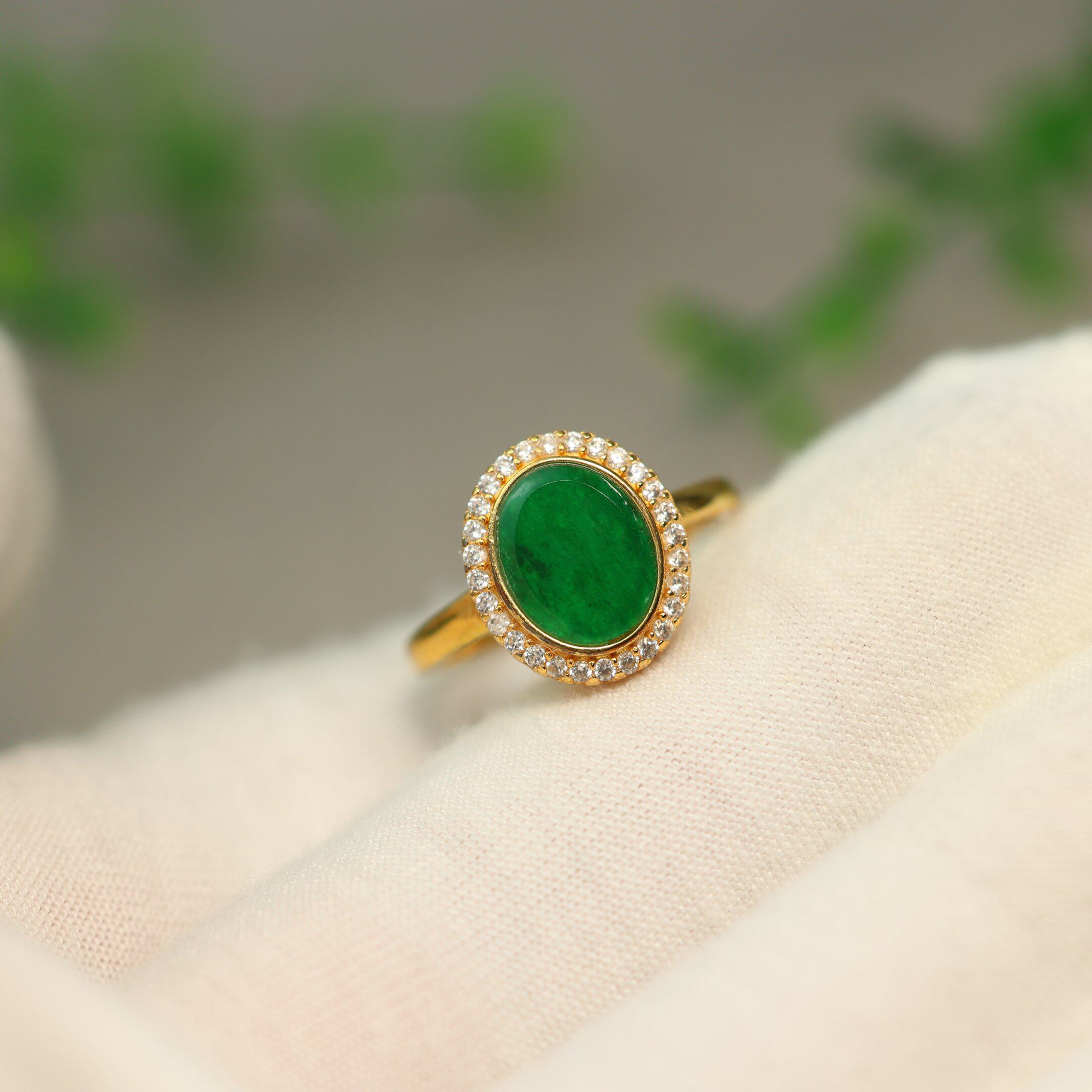 Myanmar natural grade A jadeite oval cabochon ring
