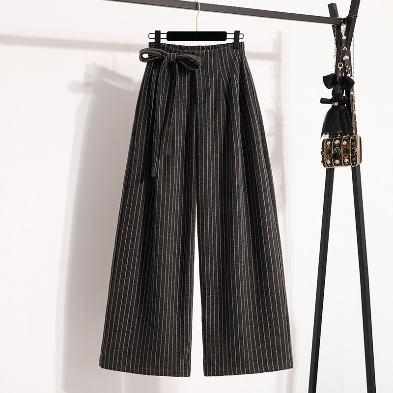 韩系竖条纹加厚毛呢阔腿裤女冬季胖mm宽松慵懒遮胯显瘦垂感长裤子,淘宝优惠券,粉丝福利购,淘宝优惠卷