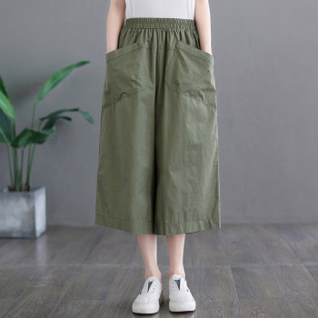 2024 Summer Style Fat mm Large Size Cotton Cropped Pants Women's Loose Skirts Casual and Versatile Slim Elastic Waist Wide Leg Pants