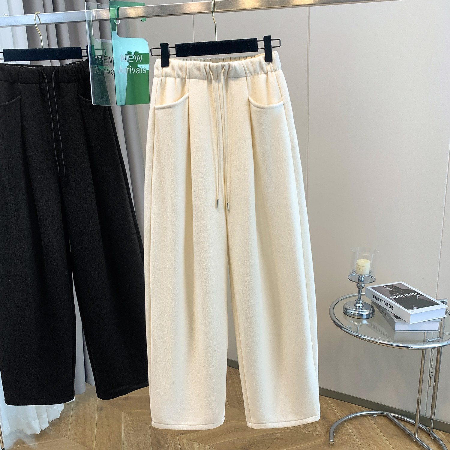 加绒毛呢阔腿裤女冬季抽绳松紧腰宽松软糯保暖糯米裤休闲直筒长裤,淘宝优惠券,粉丝福利购,淘宝优惠卷