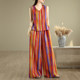 ຂະໜາດໃຫຍ່ Retro ແບບ Rainbow striped cotton and linen suit for women summer style vest casual wide leg pants trousers two piece set