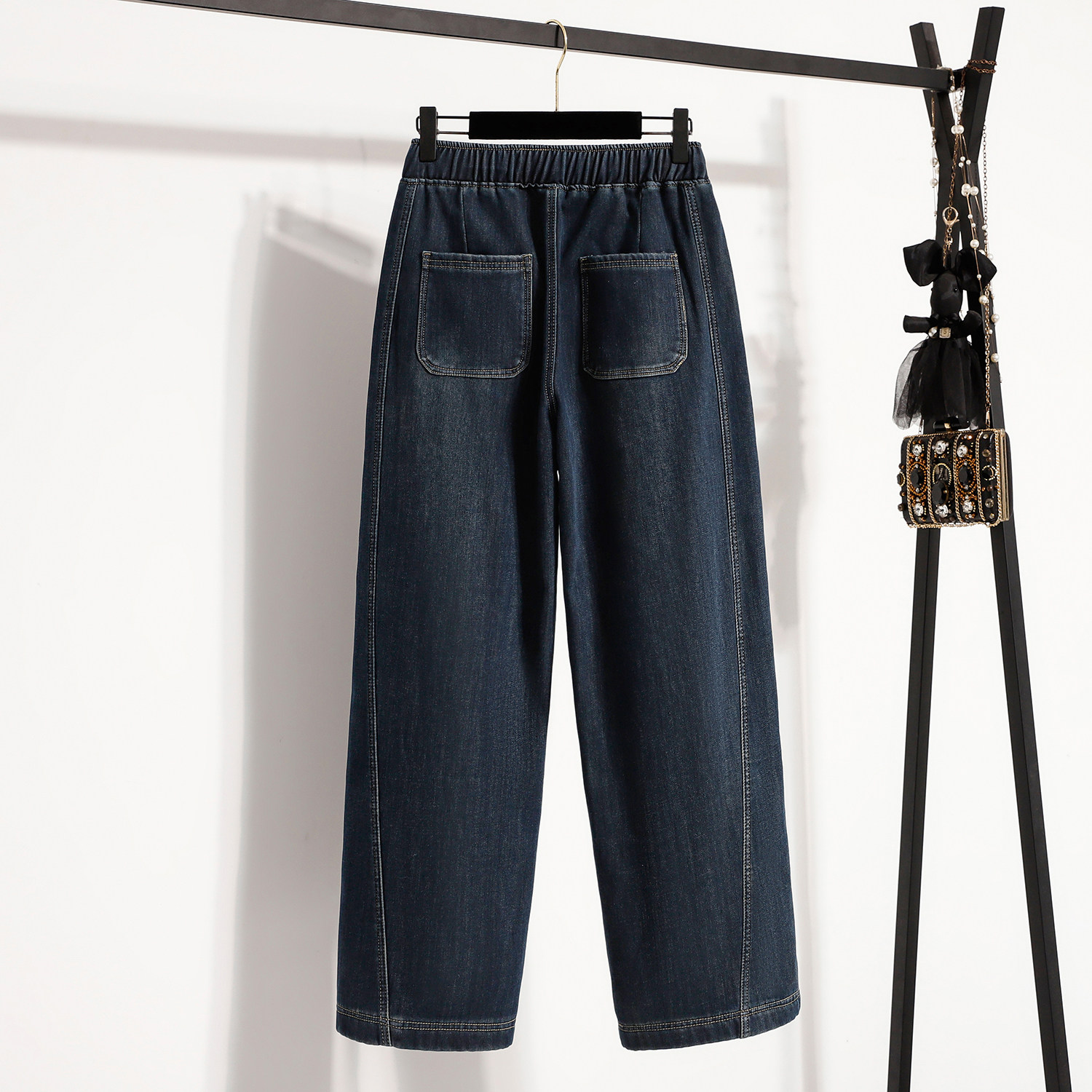 加绒高腰直筒牛仔裤女冬季松紧腰显瘦百搭宽松阔腿裤休闲遮肉长裤,淘宝优惠券,粉丝福利购,淘宝优惠卷