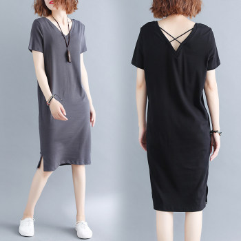 Plus size women's 200 pounds fat MM summer clothes Korean style cross strap backless V-neck mid-length T-shirt dress looks slim