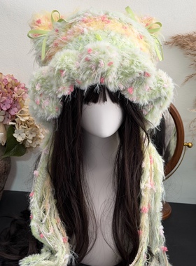 棕色猫耳帽长毛狐狸帽手工钩织手混线可爱拼色兔耳帽子材料包线材