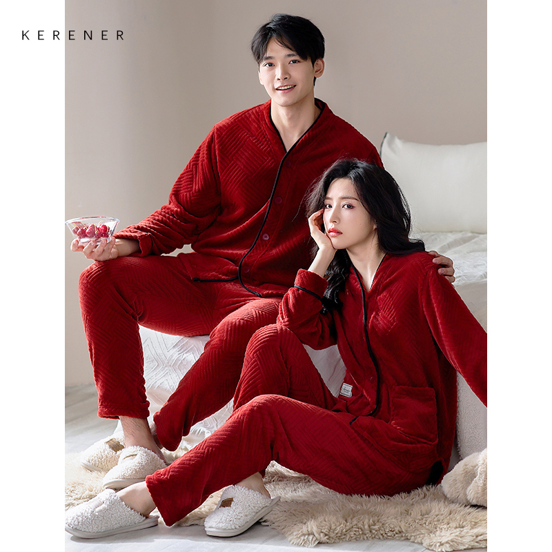 可人儿新婚睡衣情侣秋冬季珊瑚绒红色本命年保暖家居服结婚套装 - 图1