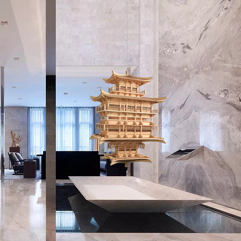 境泉金阁寺新中式禅意实木拼装古建筑模型酒店大堂售楼处空中吊饰