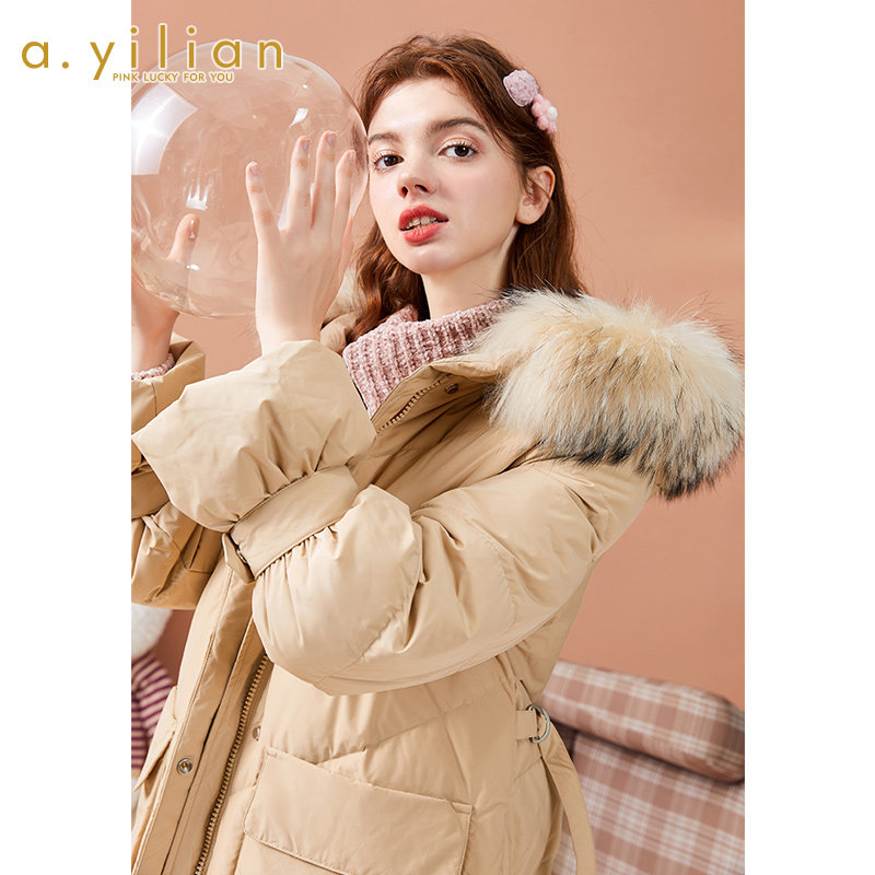 阿依莲2021初新款中长款连帽羽绒服 ayilian羽绒服