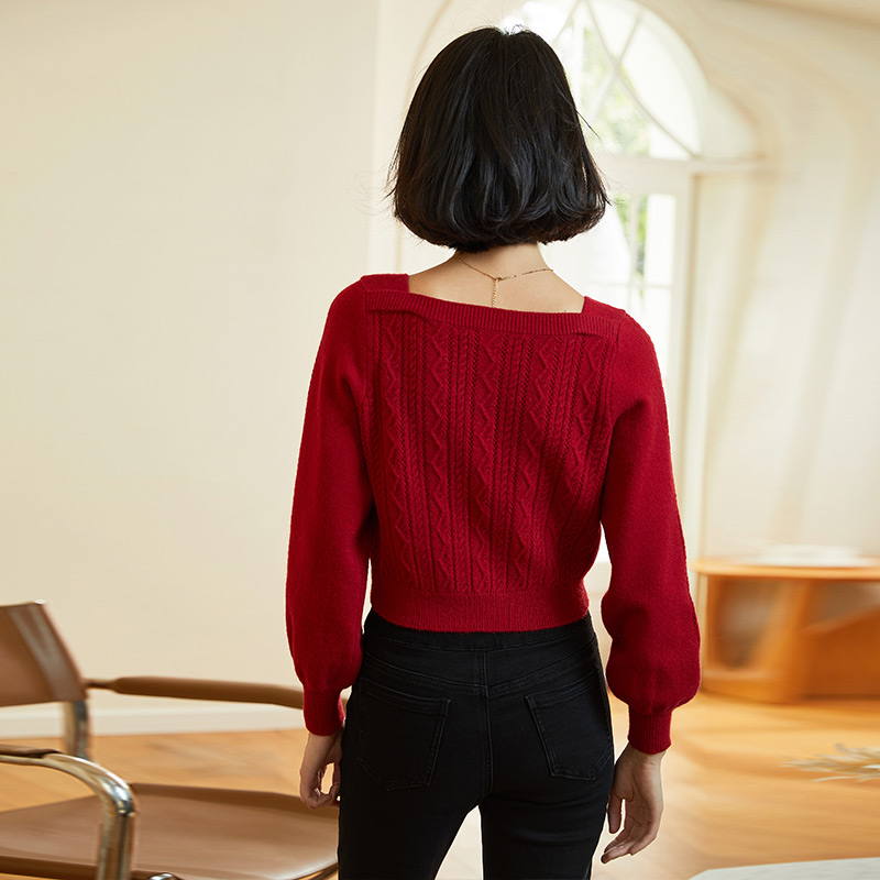 阿依莲红色毛衣针织衫春季2024新款女装长袖短款上衣法式方领小衫
