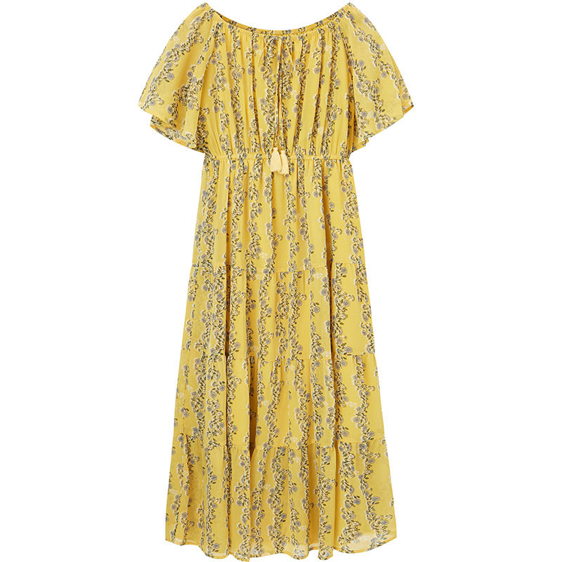 阿依莲2020一字领露肩中长款裙子 ayilian连衣裙