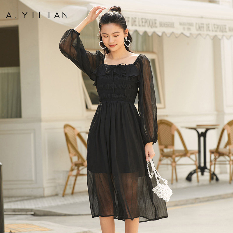 阿依莲优雅迷人高腰修身朦胧柔美秋 ayilian连衣裙