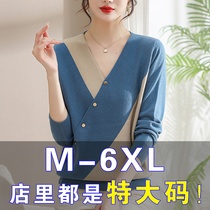 Large size womens clothing spring dress Fat mm foreign gas v collar blouses Belly Giant slim loose 200 catty Knitted Undershirt Woman