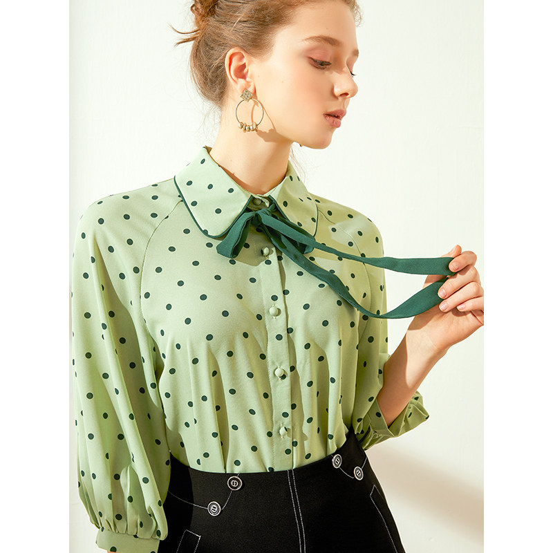 2020春新款欧美洋气百搭波点衬衫 兰洛琳蕾丝衫/雪纺衫