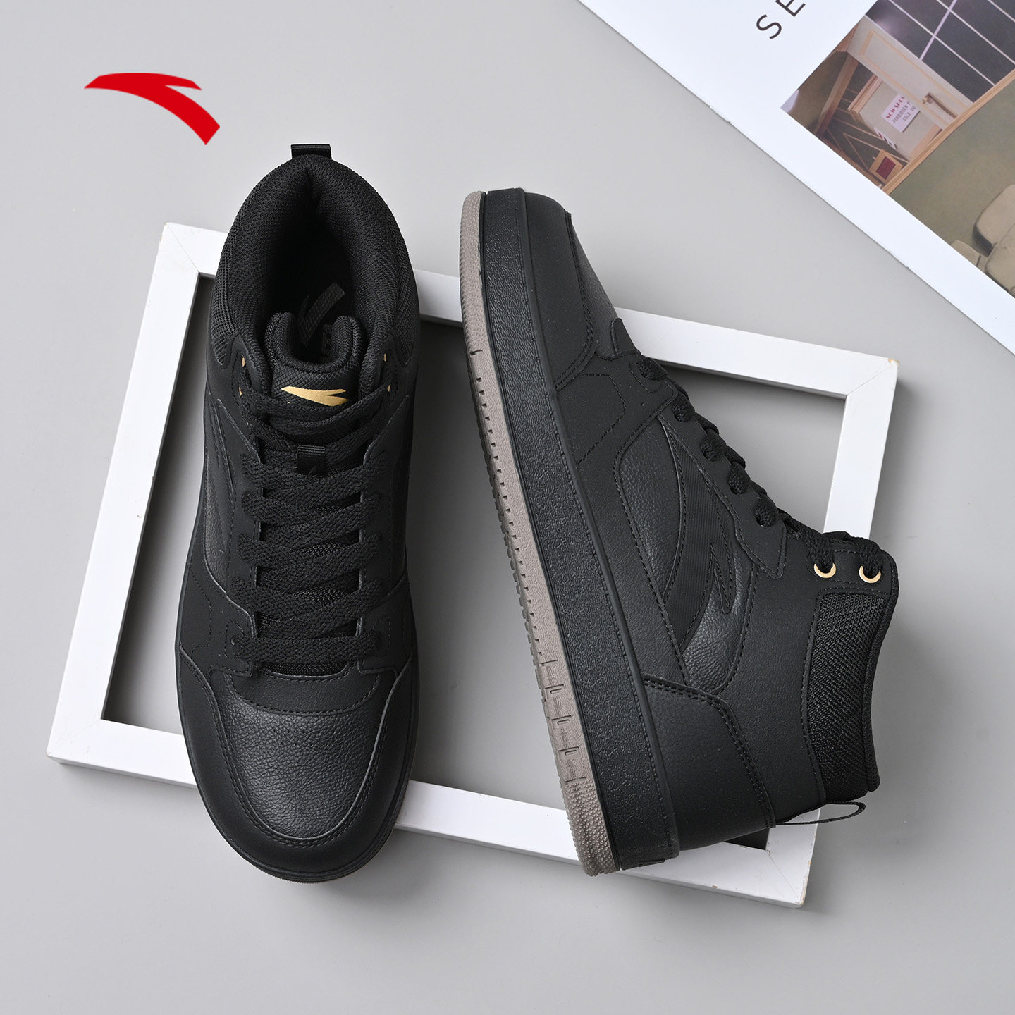 安踏男鞋高帮板鞋黑色新款2025秋冬新款小黑鞋男款鞋子皮面运动鞋,淘宝优惠券,粉丝福利购,淘宝优惠卷