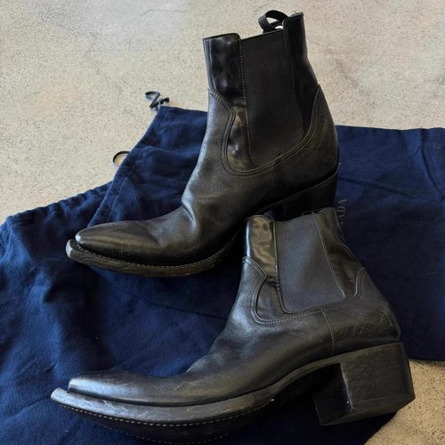 男女翘头切尔西靴复古短筒工装靴子暗黑马丁靴真皮手工尖头巫师靴 - 图0