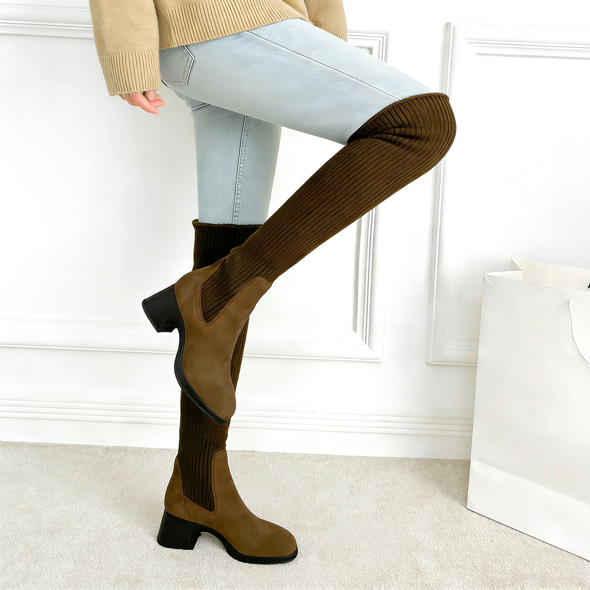 好看靴子针织袜靴弹力女靴2025冬新款软底真皮毛线高筒过膝长靴女,淘宝优惠券,粉丝福利购,淘宝优惠卷