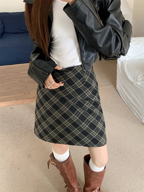 Autumn and winter mid-length skirt plaid high-waisted a-line skirt