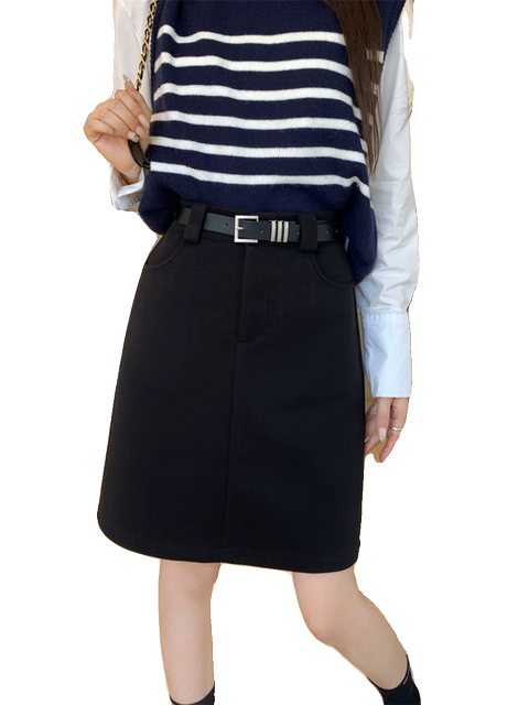 High waisted large size A-line skirt mid-length woolen skirt